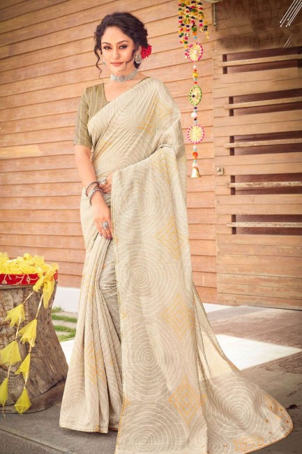 Off white Saree with Printed,lace Art silk