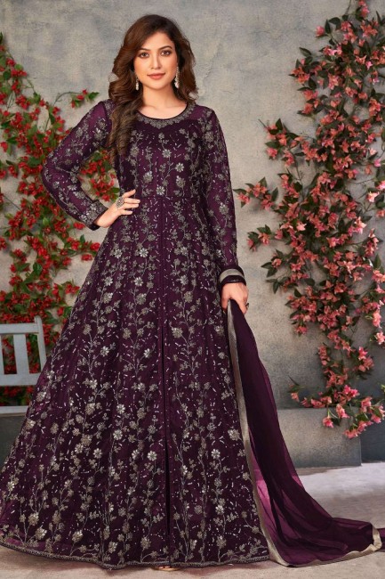 Soft net Anarkali Suit with Embroidered in Purple