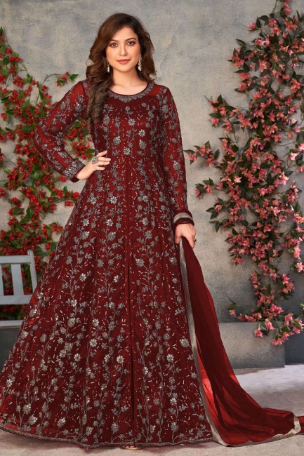 Maroon Anarkali Suit in Soft net with Embroidered