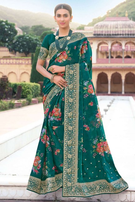Resham,embroidered,digital print Saree Silk in Green