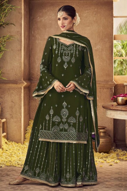 Embroidered Faux georgette Pakistani Suit in Mehndi with Dupatta