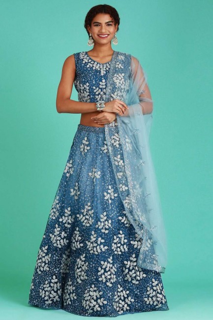 Embroidered Net Party Lehenga Choli in Blue with Dupatta