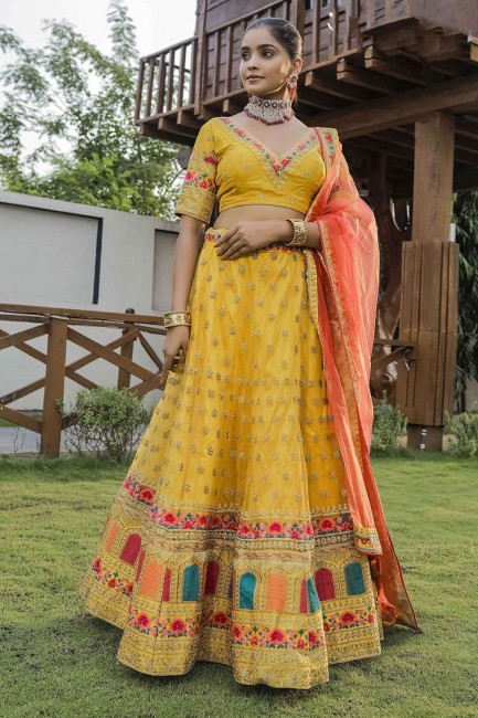 Net Party Lehenga Choli in Yellow with Stone with moti