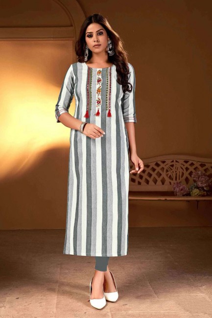 Grey Straight Kurti in Cotton with Weaving