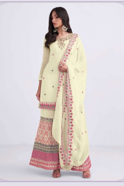 Georgette Palazzo Suit with Embroidered in Light yellow
