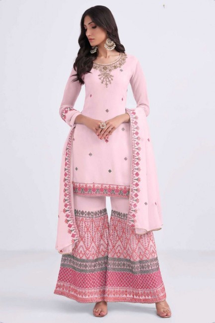 Palazzo Suit in Light pink Georgette with Embroidered