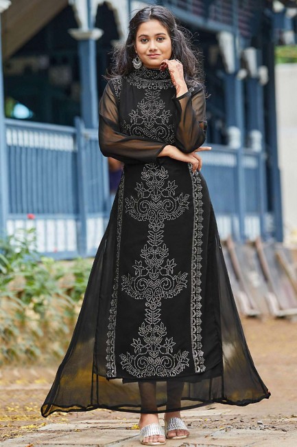 Black Faux georgette Chikankari Gown Dress with Dupatta