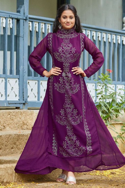 Purple Chikankari Faux georgette Gown Dress