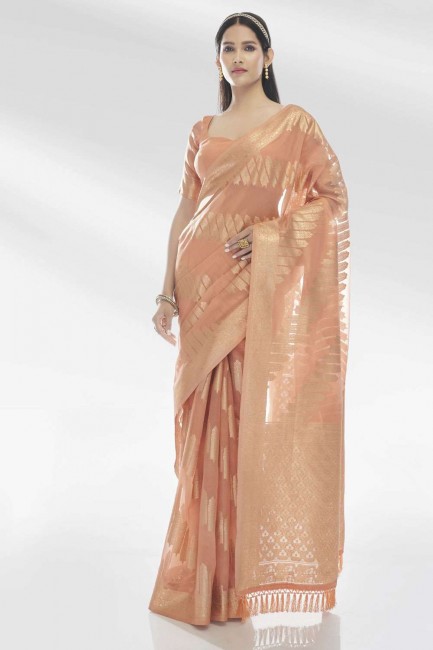 Saree Peach with Weaving Organza