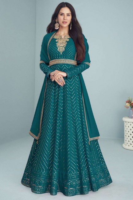 Teal Anarkali Suit with Embroidered Faux georgette