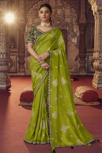 Resham,zari,embroidered Viscose Parrot green Saree with Blouse