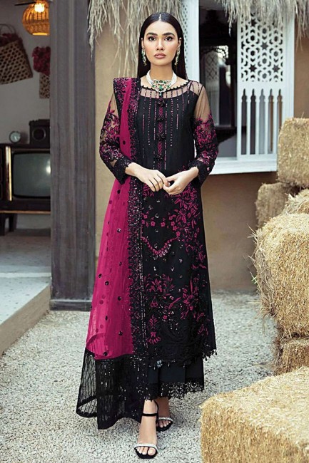 Embroidered Faux georgette Eid Palazzo Suit in Black with Dupatta
