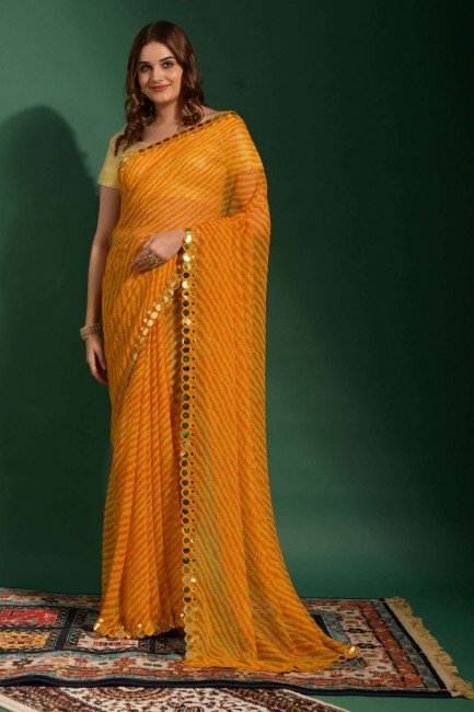 Mirror,embroidered,printed Chiffon Saree in Yellow with Blouse