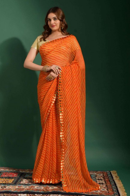 Chiffon Orange Saree in Mirror,embroidered,printed