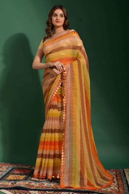 Orange Saree with Mirror,embroidered,printed Chiffon