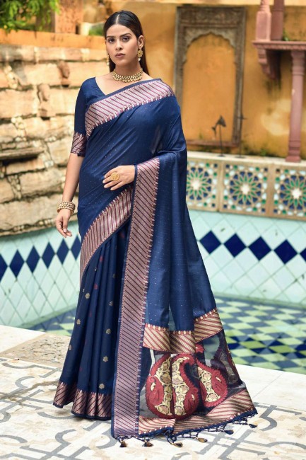 Silk Saree with Embroidered in Blue