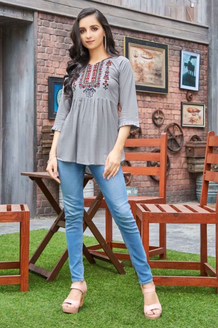 Rayon Indo Western Kurti with Embroidered in Grey
