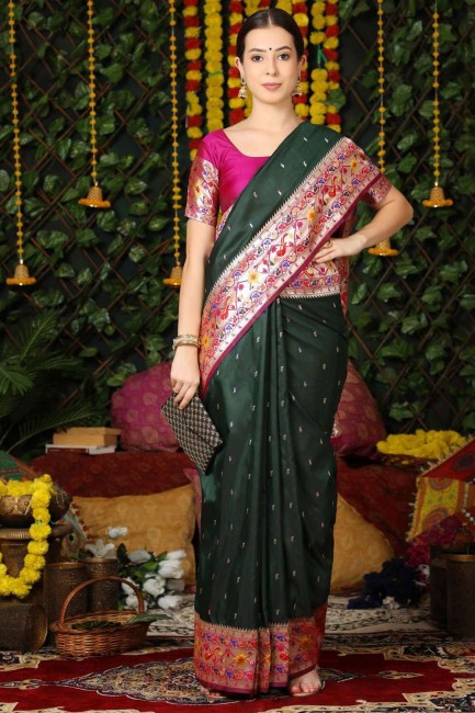 Zari,weaving Saree in Green Banarasi silk