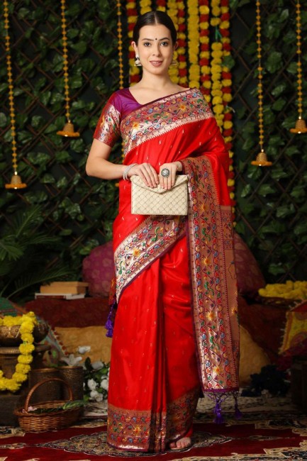 Red Banarasi silk Saree with Zari,weaving