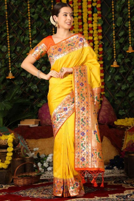 Yellow Saree with Zari,weaving Banarasi silk