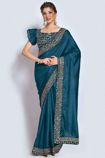 Teal blue Party Wear Saree with Zari,embroidered Silk