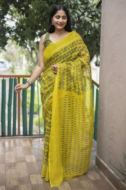 Saree in Lime  Cotton with Digital print