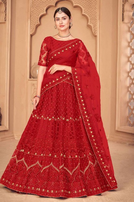 Red Net Wedding Lehenga Choli with Embroidered