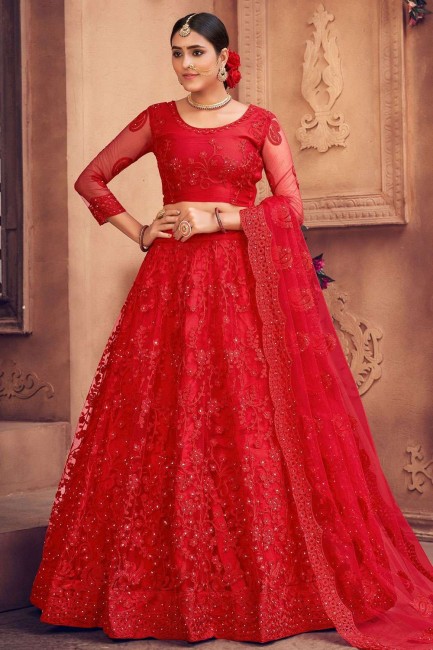 Net Wedding Lehenga Choli in Red with Embroidered