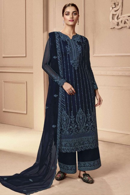 Net Pakistani Suit in Blue with Embroidered
