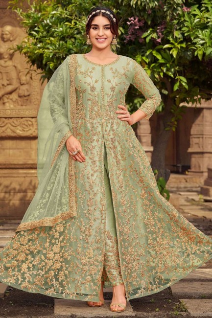 Embroidered Net Anarkali Suit in Green