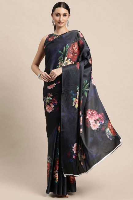 Digital print Satin Saree in Navy blue with Blouse