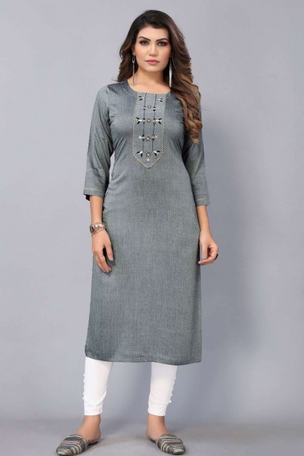 Embroidered Cotton Straight Kurti in Grey