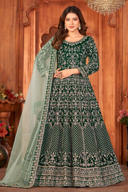 Embroidered Velvet Anarkali Suit in Green