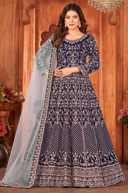 Anarkali Suit in Blue Velvet with Embroidered