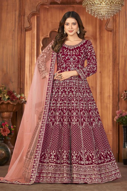 Anarkali Suit in Maroon Velvet with Embroidered