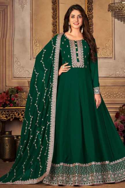 Faux georgette Anarkali Suit with Embroidered in Green