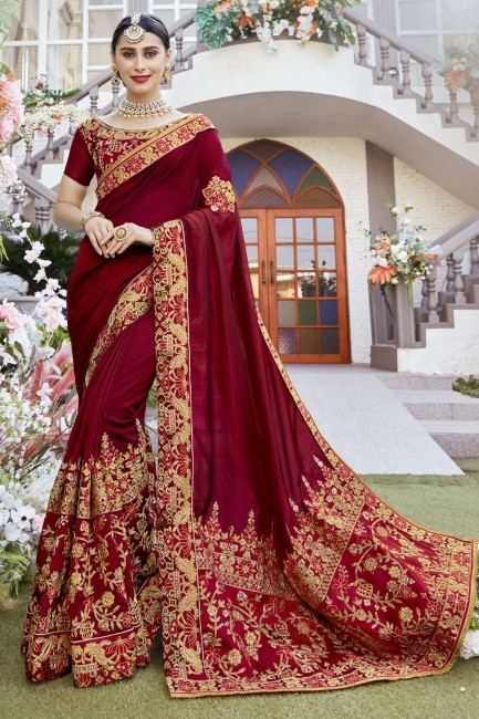 Zari,embroidered,stone with moti Silk Wedding Saree in Maroon with Blouse