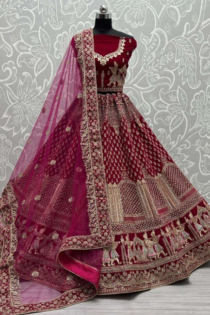 Bridal Lehenga Choli in Pink Velvet with Stone with moti