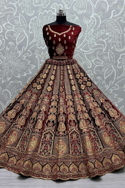 Bridal Lehenga Choli with Embroidered Maroon Velvet