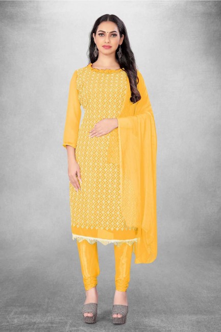 Embroidered Yellow Georgette Salwar Kameez with Dupatta