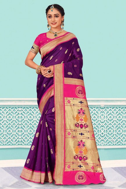 Saree in Silk Purple with Weaving