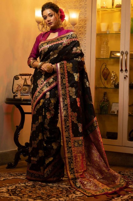 Black Banarasi Saree with Weaving Banarasi silk