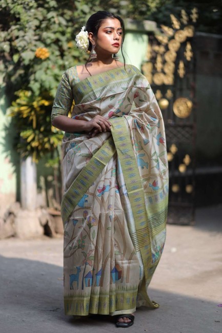 Silk Saree in Printed Green with Blouse
