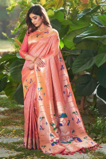 Weaving Banarasi silk Peach Banarasi Saree with Blouse