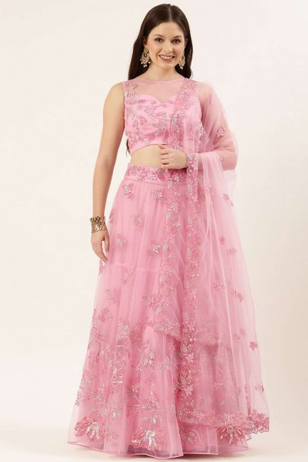 Net Party Embroidered Lehenga Choli in Pink