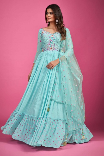 Embroidered Silk Gown Dress in Sky blue