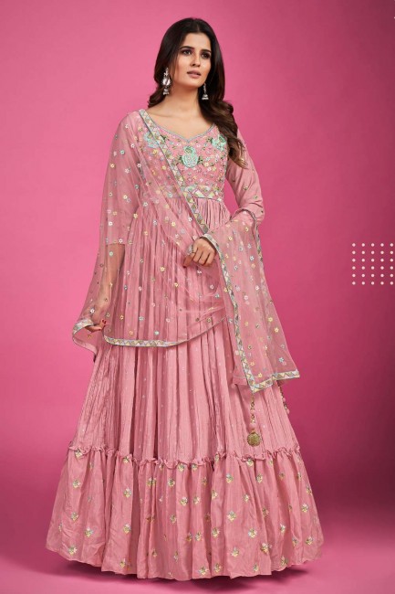 Embroidered Silk Gown Dress in Baby pink