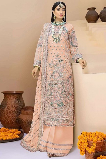 Faux georgette Eid Palazzo Suit with Embroidered in Peach