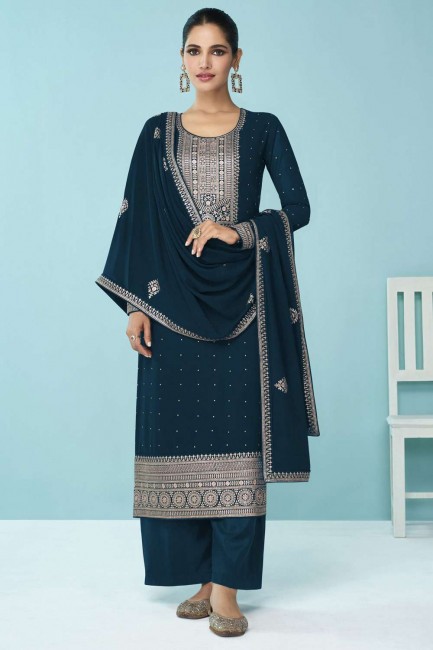 Faux georgette Eid Palazzo Suit in Teal blue with Embroidered