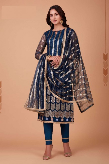 Dark blue Salwar Kameez in Net with Embroidered